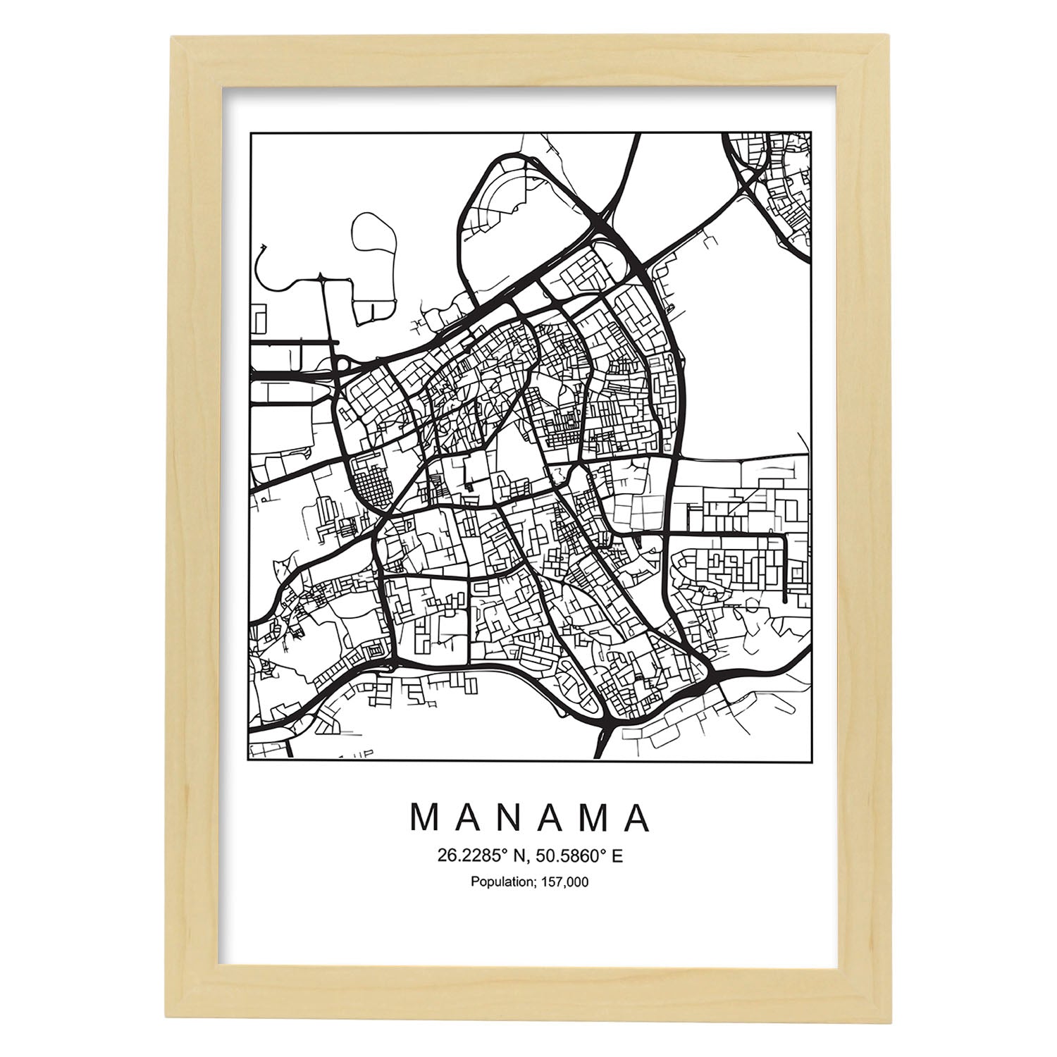 Lámina mapa de la ciudad Manama estilo nordico en blanco y negro.-Artwork-Nacnic-A4-Marco Madera clara-Nacnic Estudio SL