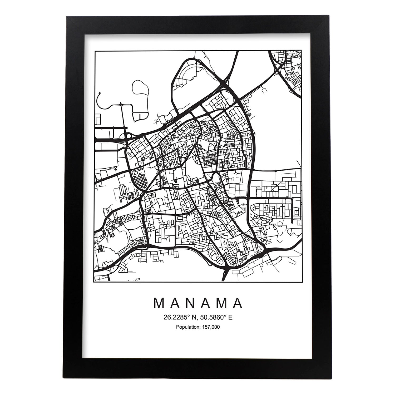 Lámina mapa de la ciudad Manama estilo nordico en blanco y negro.-Artwork-Nacnic-A4-Marco Negro-Nacnic Estudio SL