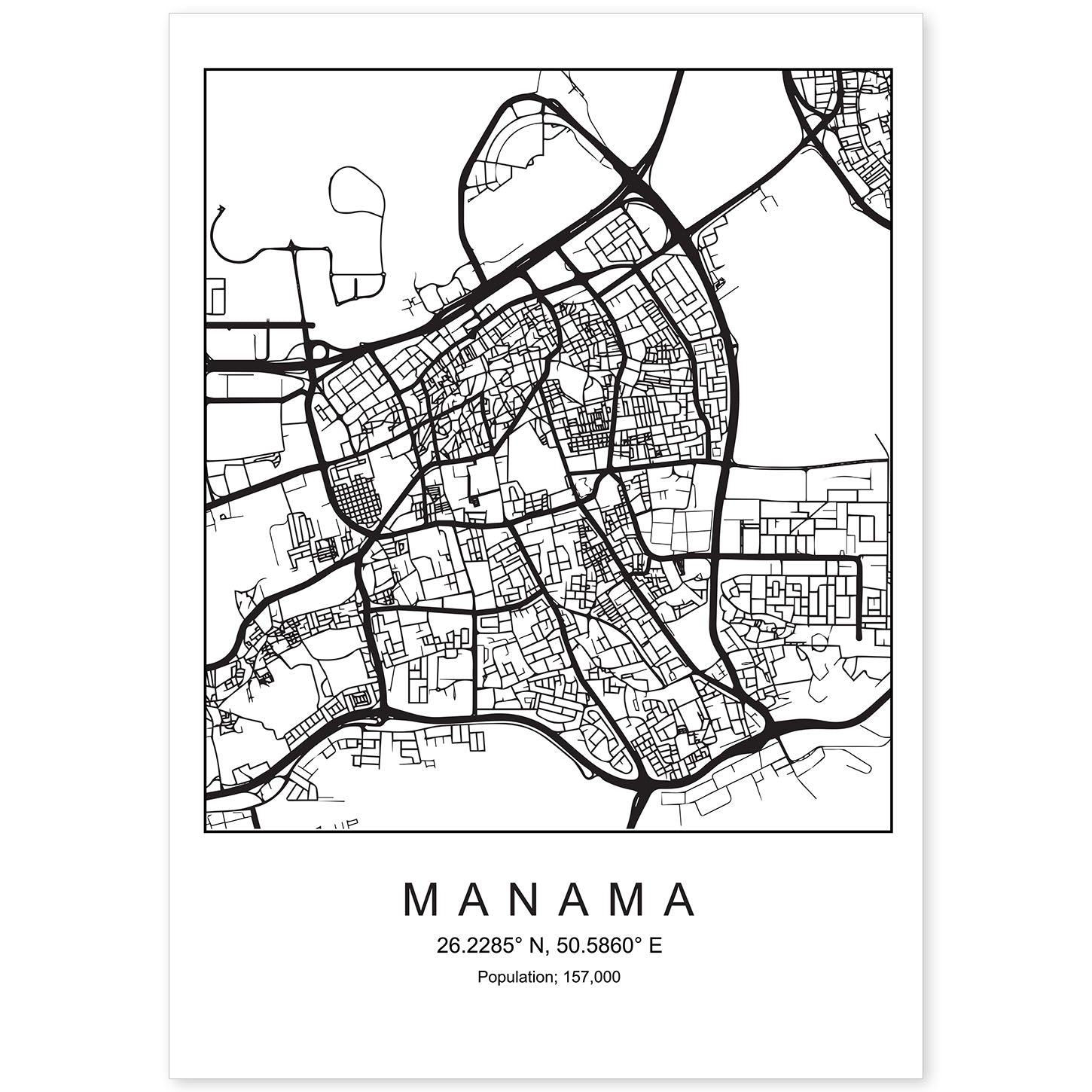 Lámina mapa de la ciudad Manama estilo nordico en blanco y negro.-Artwork-Nacnic-A4-Sin marco-Nacnic Estudio SL