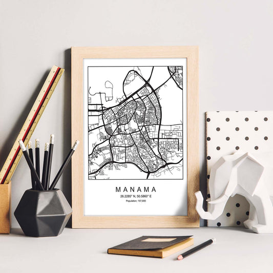 Lámina mapa de la ciudad Manama estilo nordico en blanco y negro.-Artwork-Nacnic-Nacnic Estudio SL