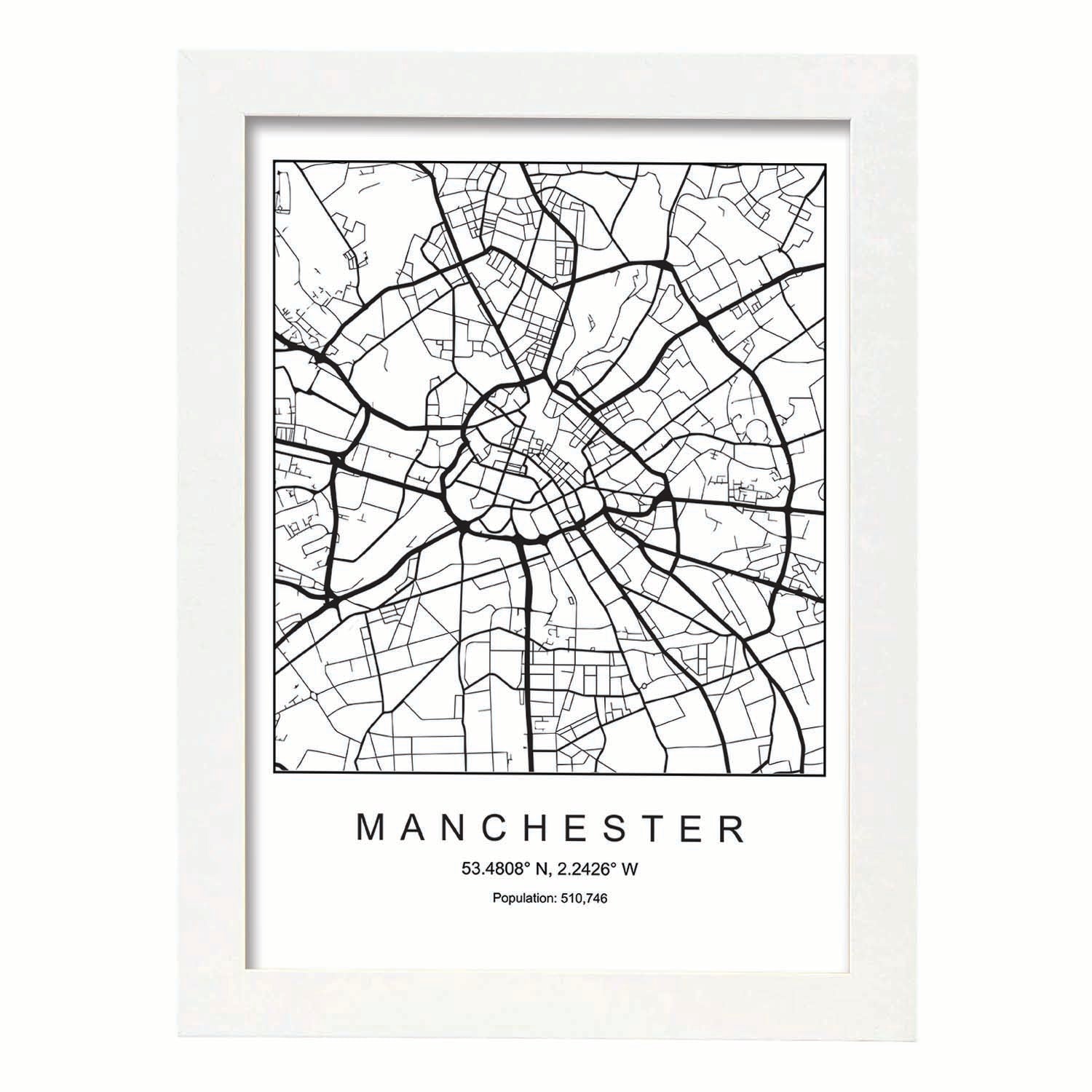 Lámina mapa de la ciudad Manchester estilo nordico en blanco y negro.-Artwork-Nacnic-A3-Marco Blanco-Nacnic Estudio SL