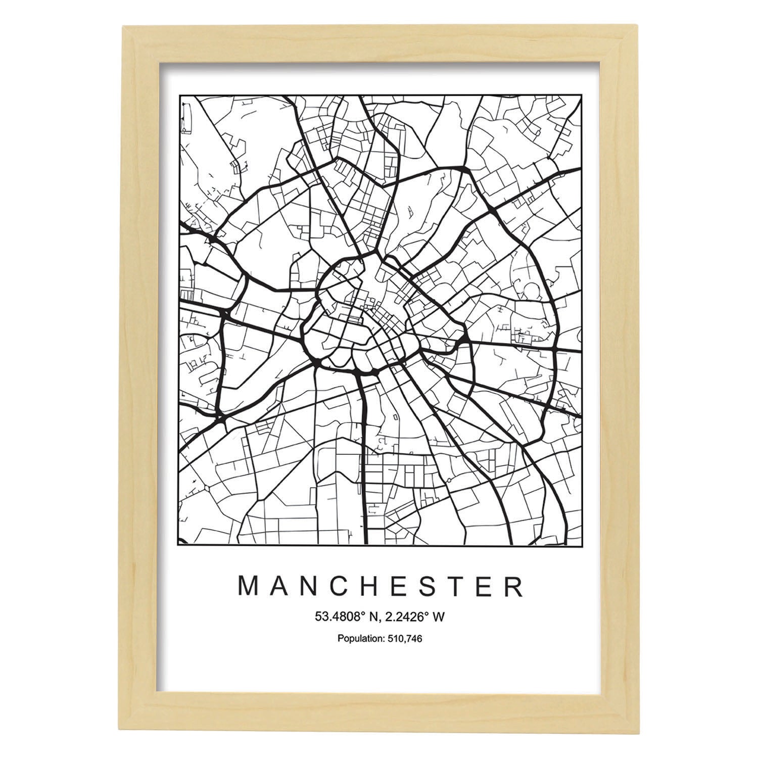 Lámina mapa de la ciudad Manchester estilo nordico en blanco y negro.-Artwork-Nacnic-A3-Marco Madera clara-Nacnic Estudio SL