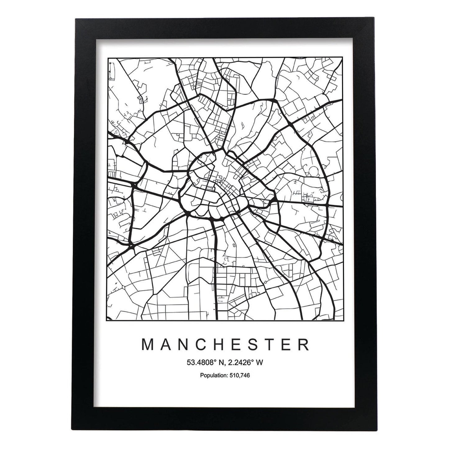 Lámina mapa de la ciudad Manchester estilo nordico en blanco y negro.-Artwork-Nacnic-A3-Marco Negro-Nacnic Estudio SL