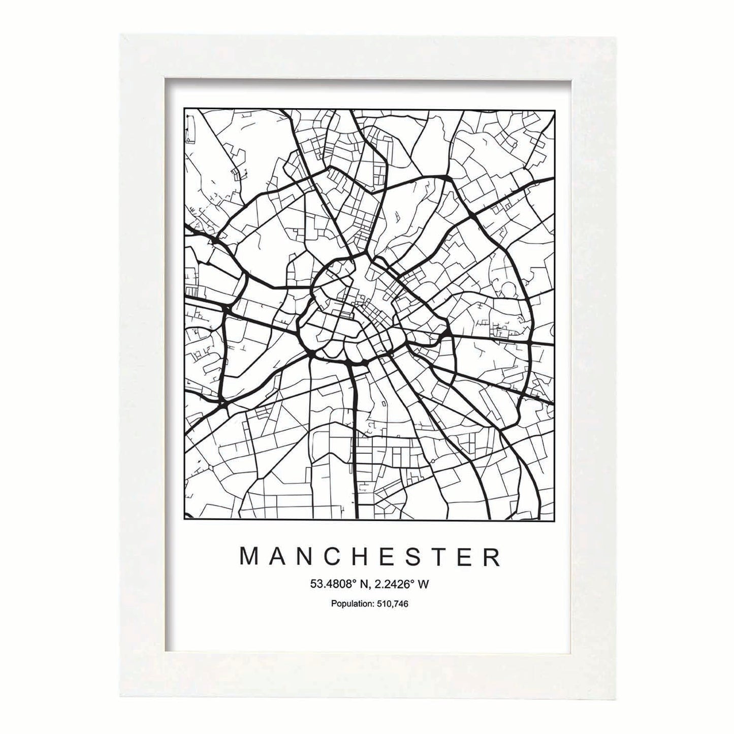 Lámina mapa de la ciudad Manchester estilo nordico en blanco y negro.-Artwork-Nacnic-A4-Marco Blanco-Nacnic Estudio SL