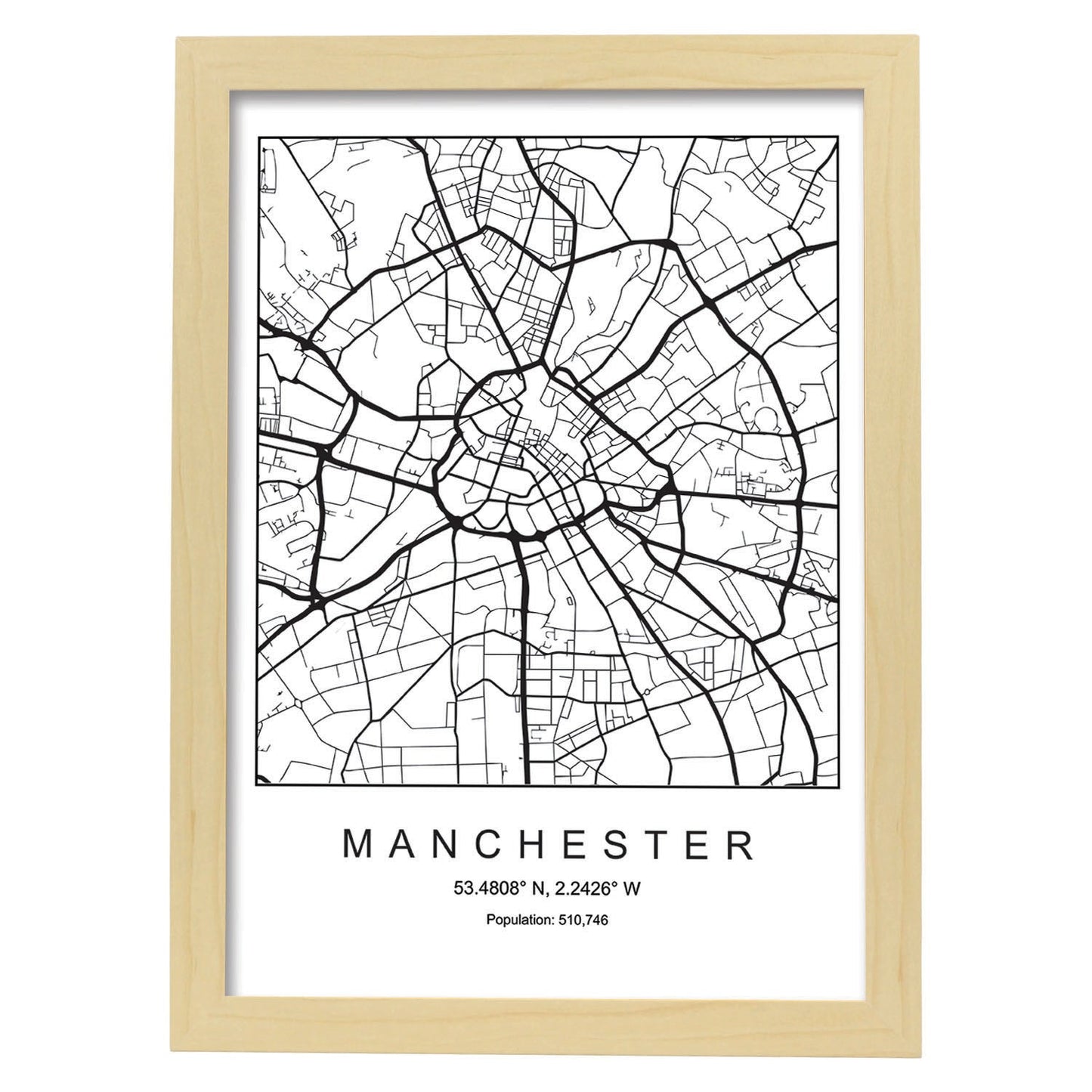 Lámina mapa de la ciudad Manchester estilo nordico en blanco y negro.-Artwork-Nacnic-A4-Marco Madera clara-Nacnic Estudio SL
