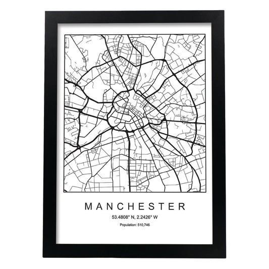 Lámina mapa de la ciudad Manchester estilo nordico en blanco y negro.-Artwork-Nacnic-A4-Marco Negro-Nacnic Estudio SL