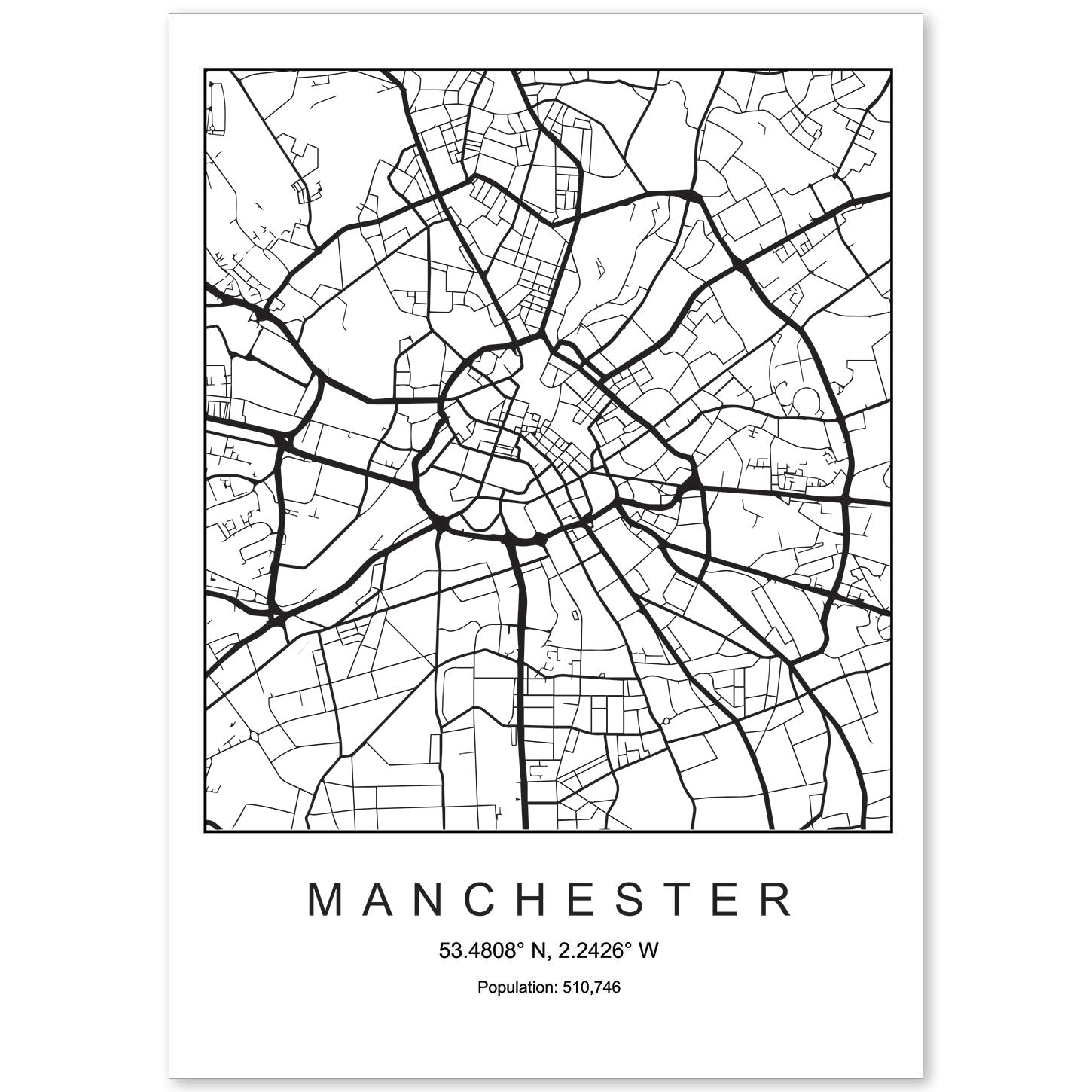 Lámina mapa de la ciudad Manchester estilo nordico en blanco y negro.-Artwork-Nacnic-A4-Sin marco-Nacnic Estudio SL