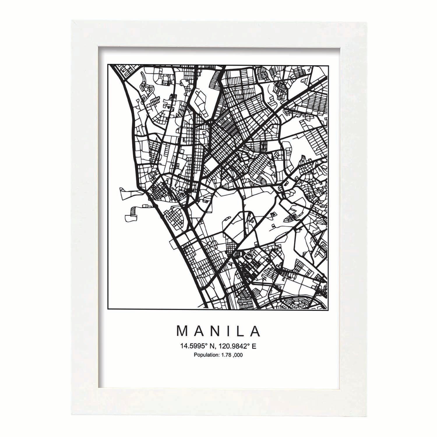 Lámina mapa de la ciudad Manila estilo nordico en blanco y negro.-Artwork-Nacnic-A3-Marco Blanco-Nacnic Estudio SL