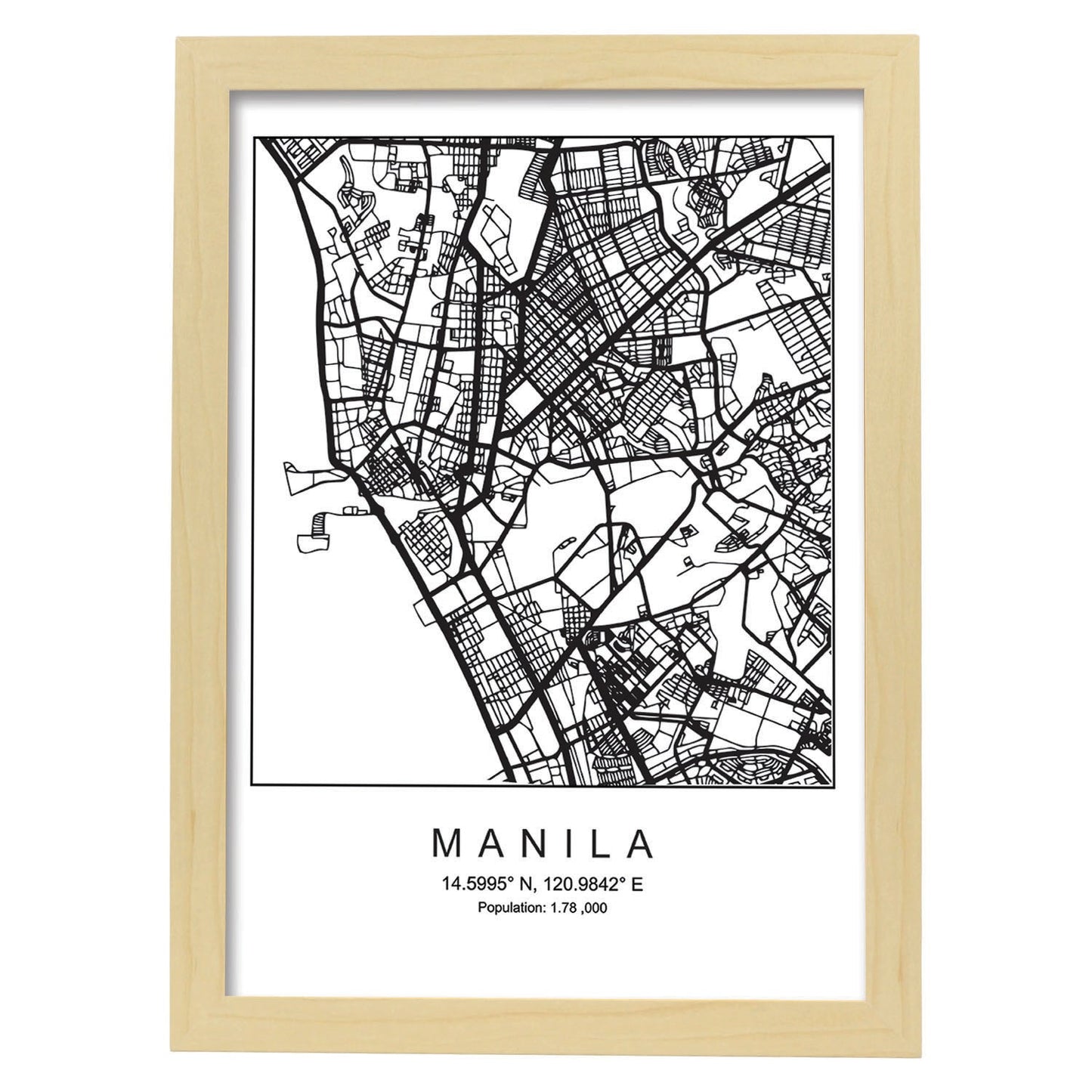Lámina mapa de la ciudad Manila estilo nordico en blanco y negro.-Artwork-Nacnic-A3-Marco Madera clara-Nacnic Estudio SL