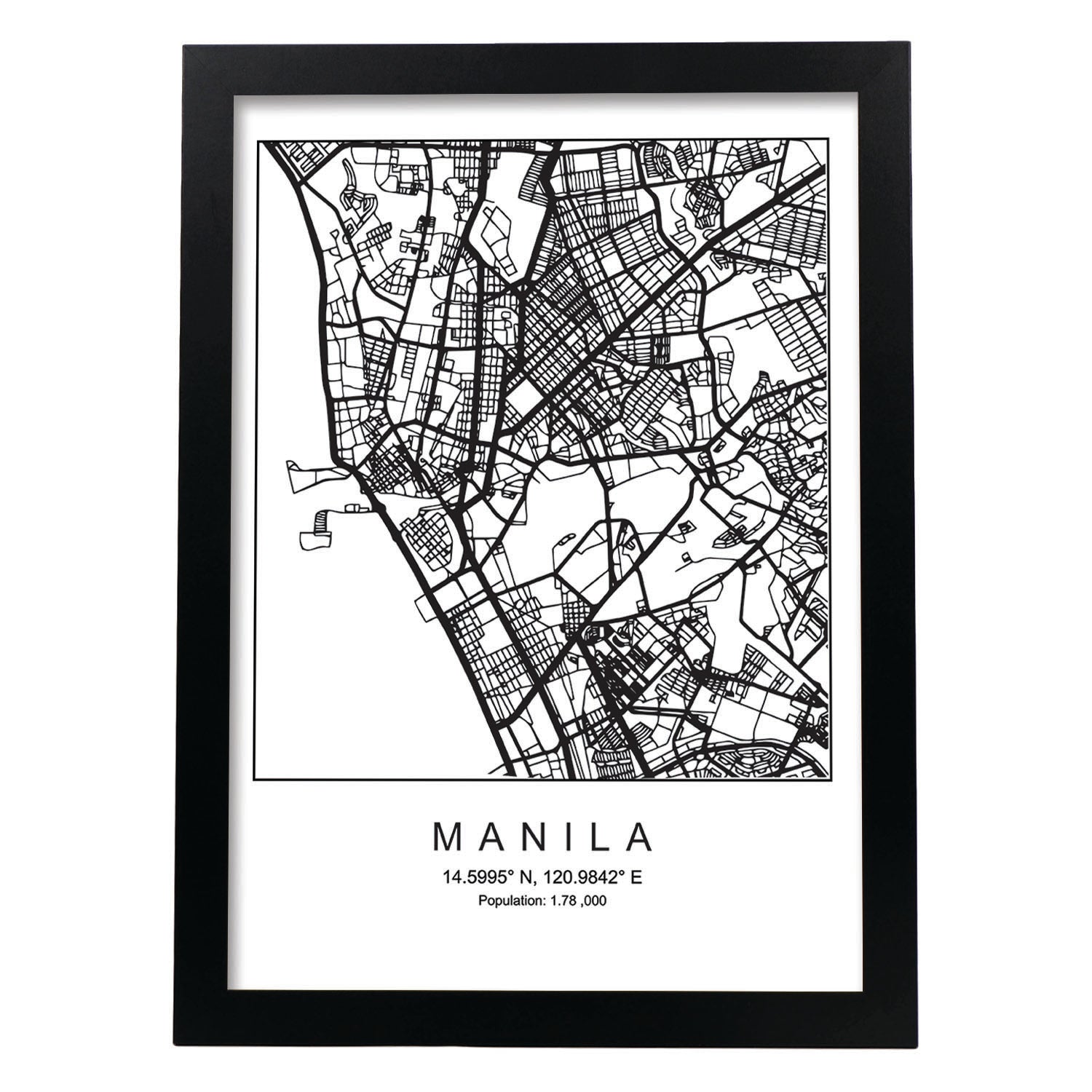 Lámina mapa de la ciudad Manila estilo nordico en blanco y negro.-Artwork-Nacnic-A3-Marco Negro-Nacnic Estudio SL