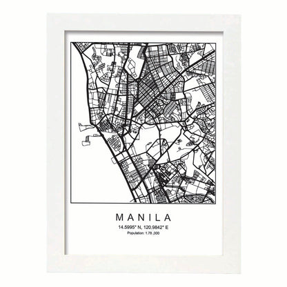 Lámina mapa de la ciudad Manila estilo nordico en blanco y negro.-Artwork-Nacnic-A4-Marco Blanco-Nacnic Estudio SL