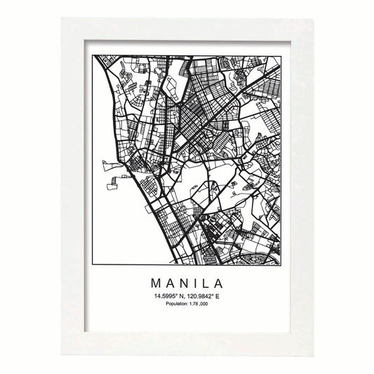 Lámina mapa de la ciudad Manila estilo nordico en blanco y negro.-Artwork-Nacnic-A4-Marco Blanco-Nacnic Estudio SL