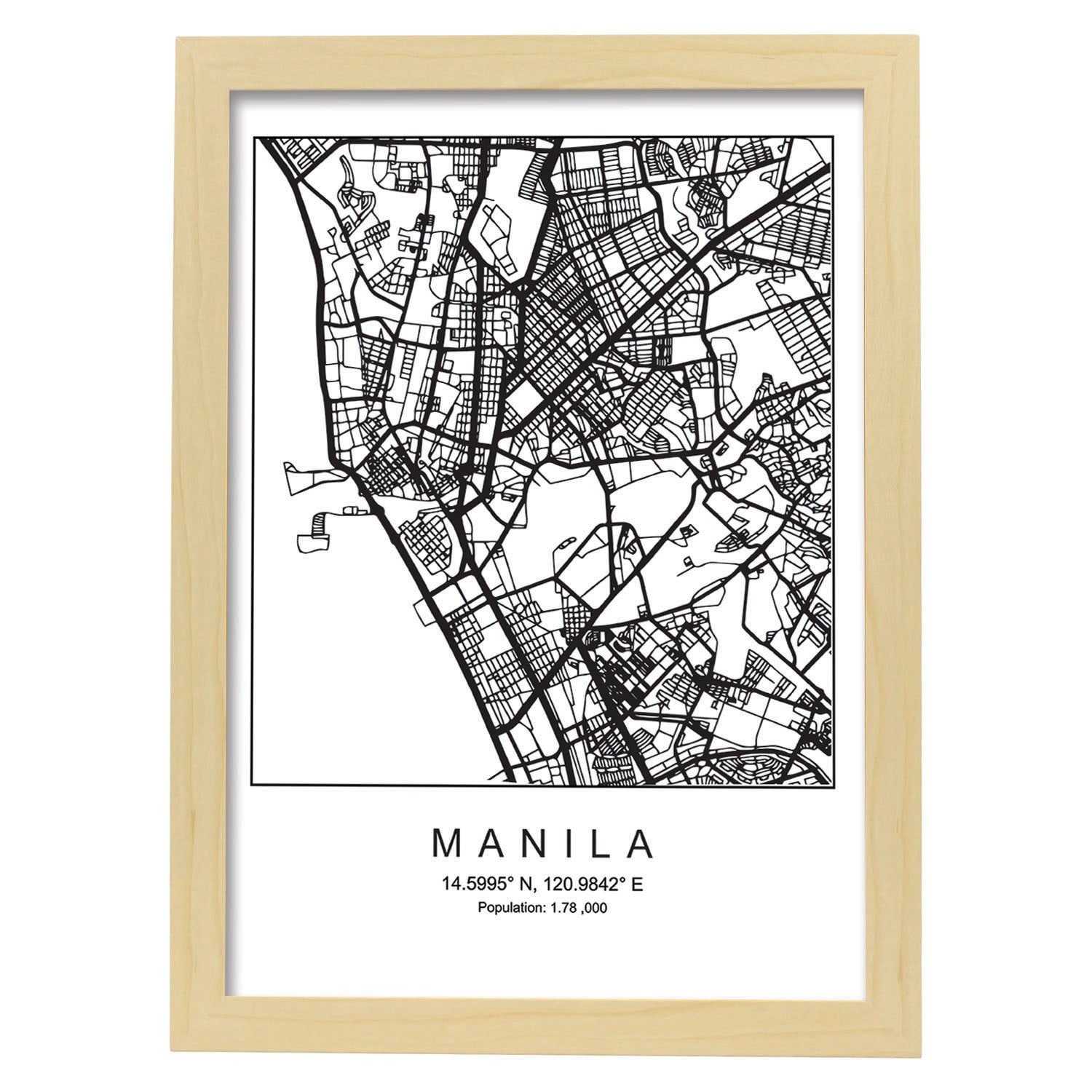 Lámina mapa de la ciudad Manila estilo nordico en blanco y negro.-Artwork-Nacnic-A4-Marco Madera clara-Nacnic Estudio SL