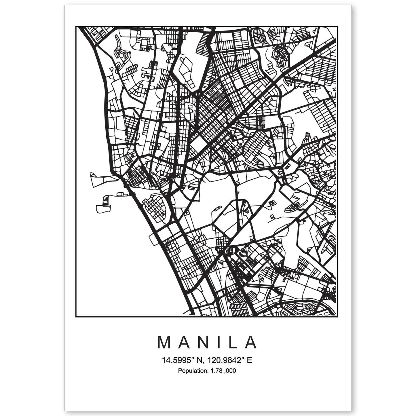 Lámina mapa de la ciudad Manila estilo nordico en blanco y negro.-Artwork-Nacnic-A4-Sin marco-Nacnic Estudio SL