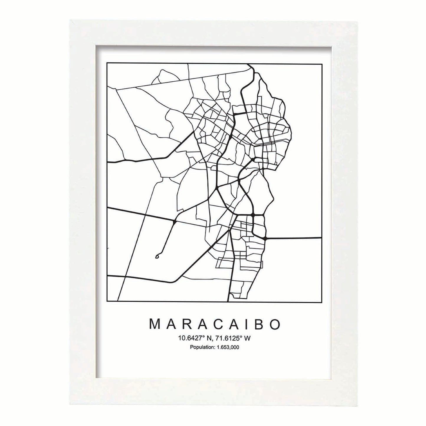 Lámina mapa de la ciudad Maracaibo (2) estilo nordico en blanco y negro.-Artwork-Nacnic-A3-Marco Blanco-Nacnic Estudio SL