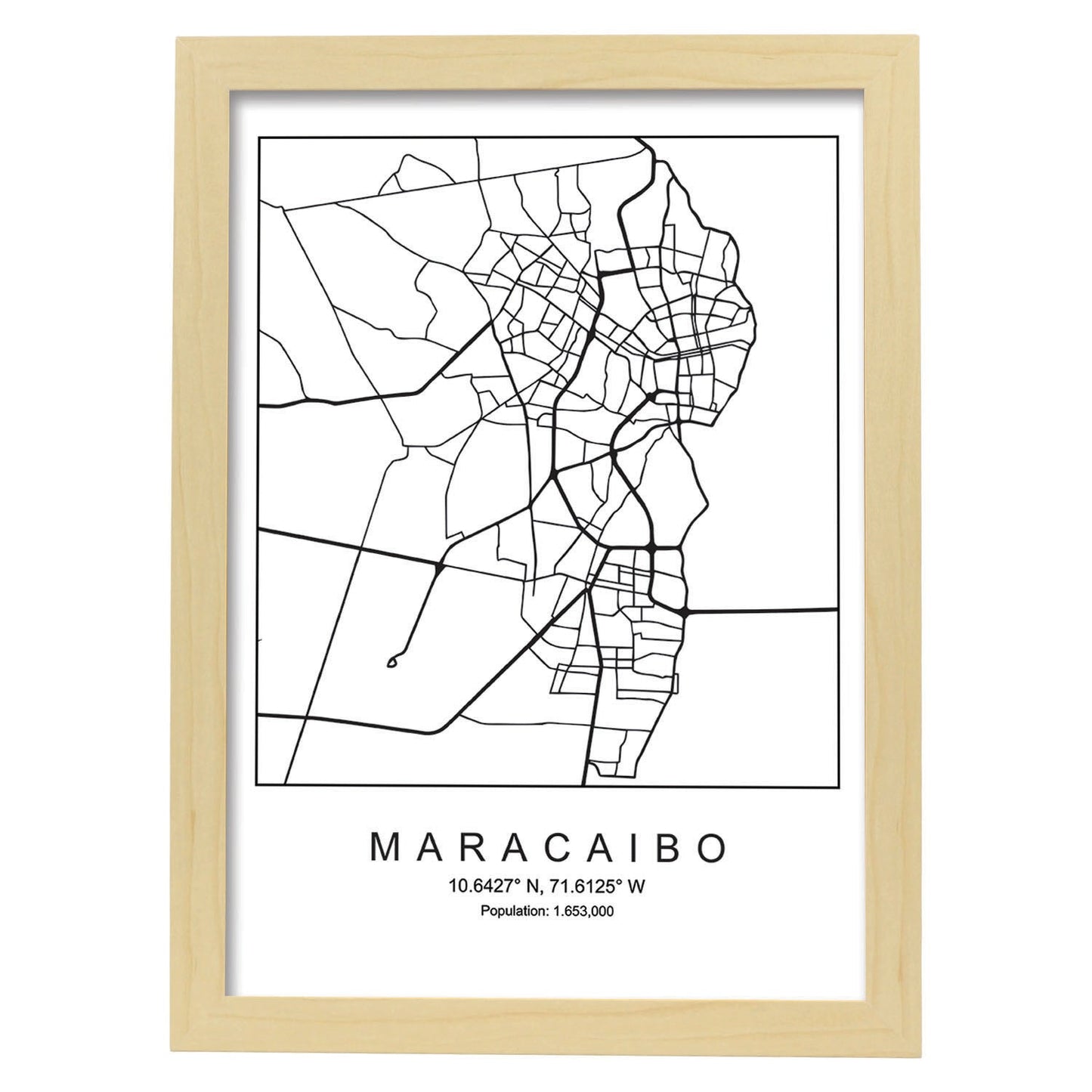 Lámina mapa de la ciudad Maracaibo (2) estilo nordico en blanco y negro.-Artwork-Nacnic-A3-Marco Madera clara-Nacnic Estudio SL