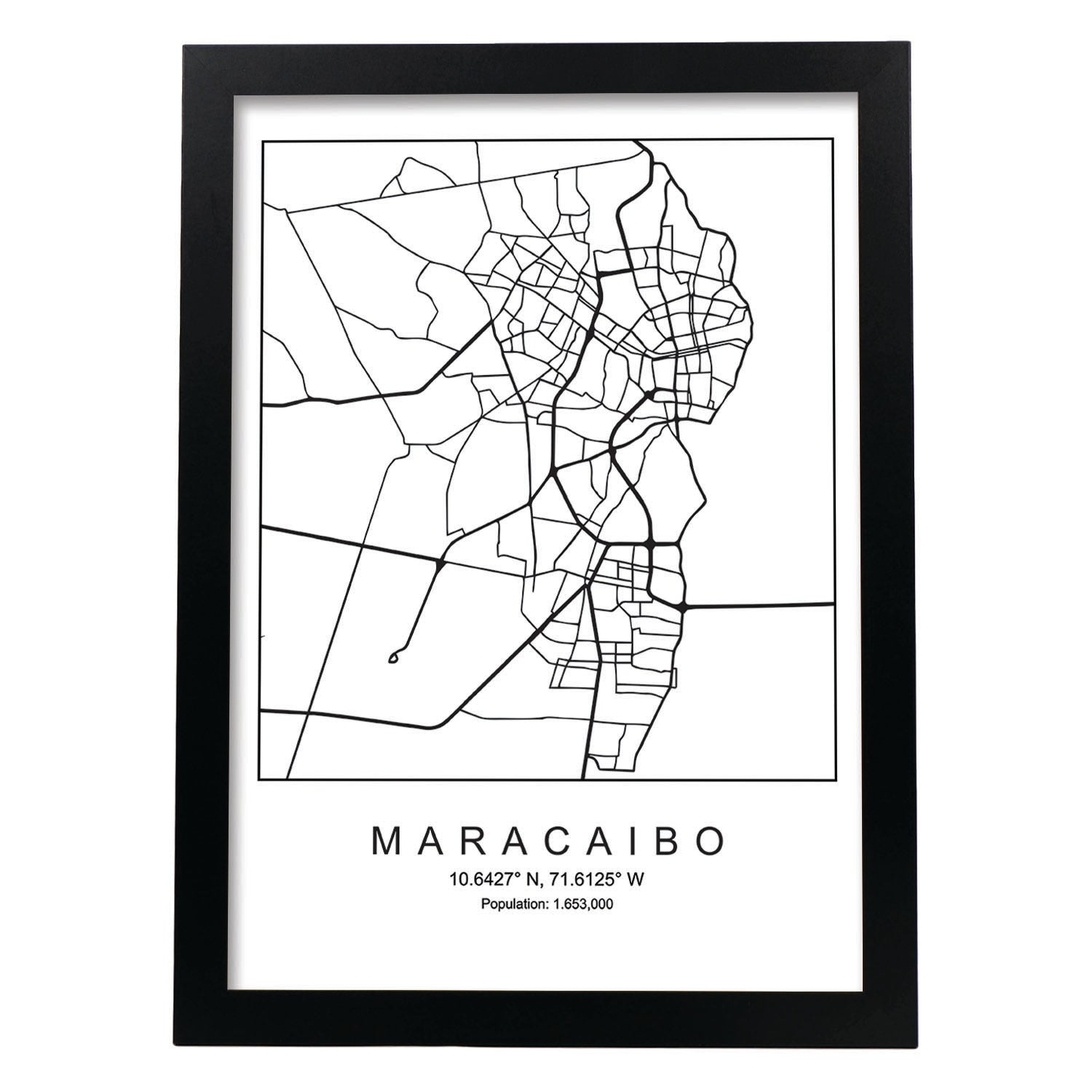 Lámina mapa de la ciudad Maracaibo (2) estilo nordico en blanco y negro.-Artwork-Nacnic-A3-Marco Negro-Nacnic Estudio SL