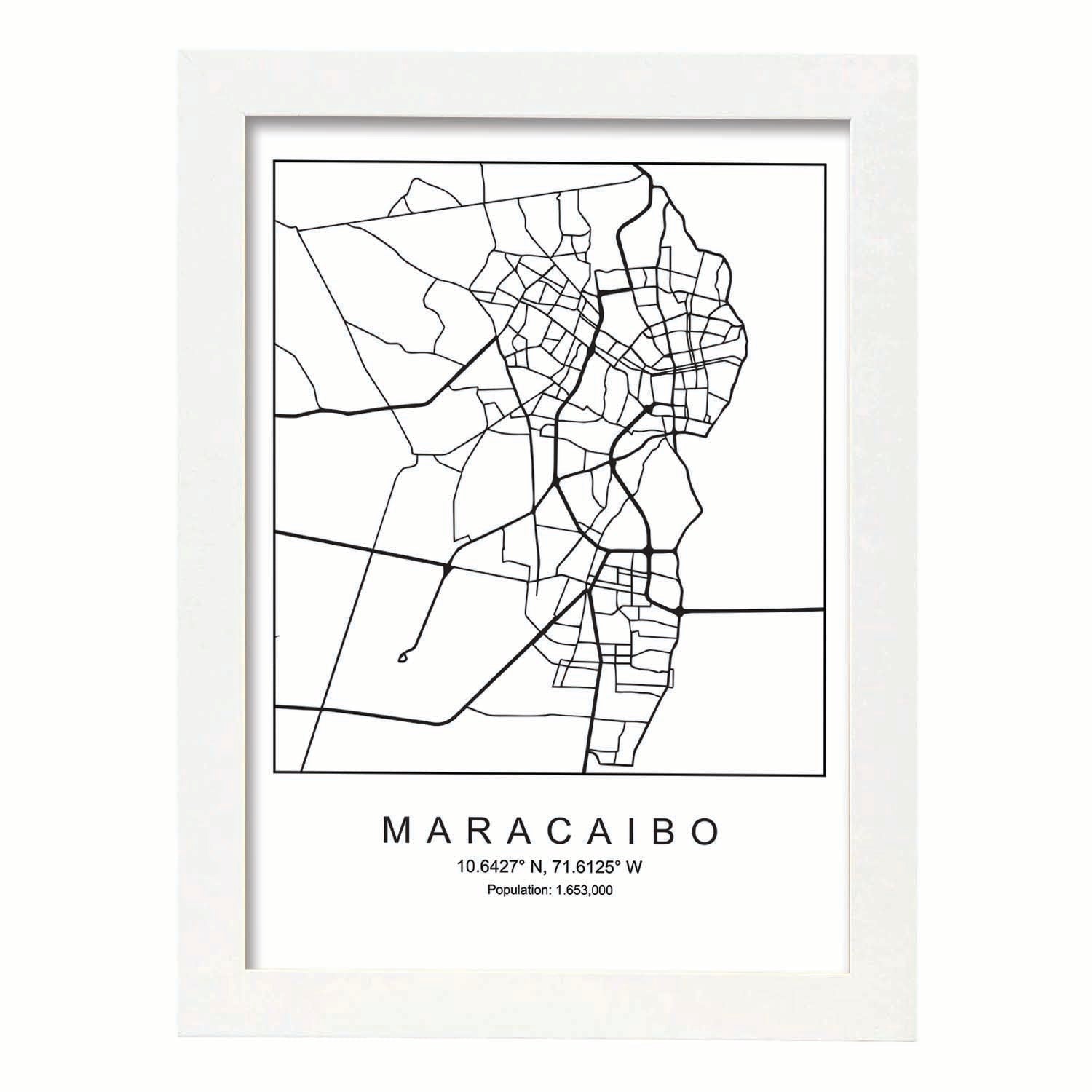 Lámina mapa de la ciudad Maracaibo (2) estilo nordico en blanco y negro.-Artwork-Nacnic-A4-Marco Blanco-Nacnic Estudio SL