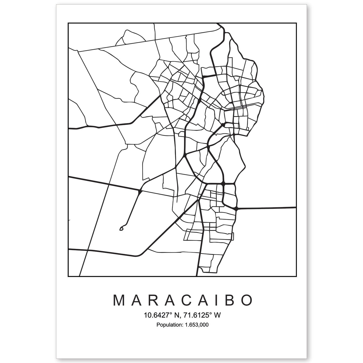 Lámina mapa de la ciudad Maracaibo (2) estilo nordico en blanco y negro.-Artwork-Nacnic-A4-Sin marco-Nacnic Estudio SL