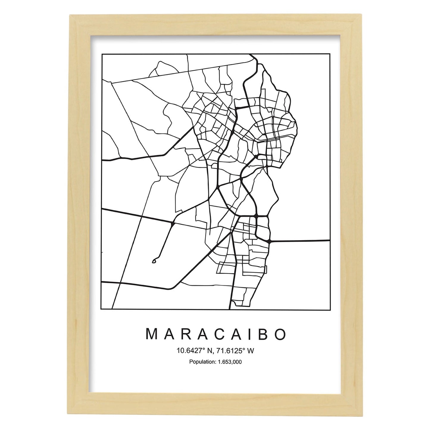 Lámina mapa de la ciudad Maracaibo estilo nordico en blanco y negro.-Artwork-Nacnic-A3-Marco Madera clara-Nacnic Estudio SL