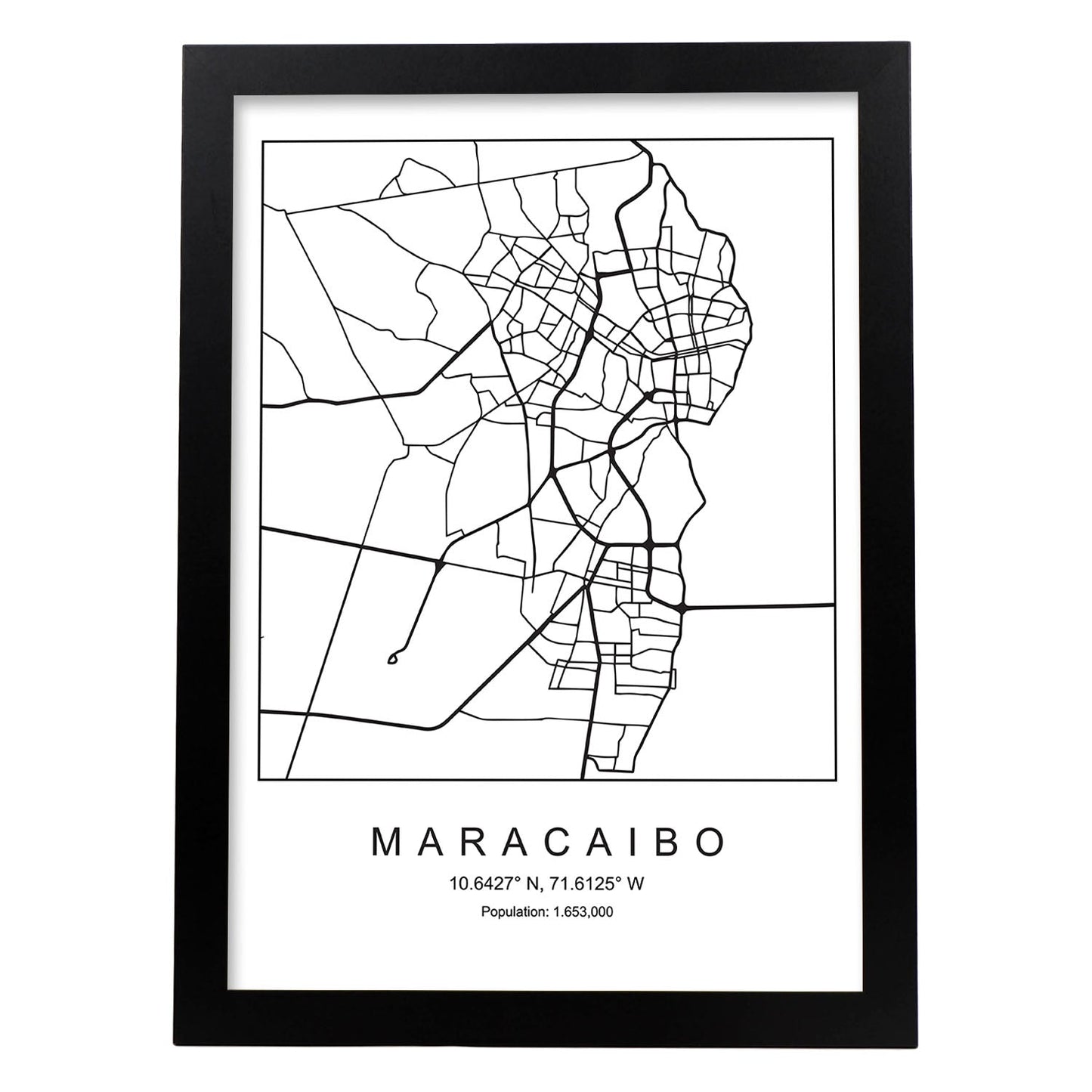Lámina mapa de la ciudad Maracaibo estilo nordico en blanco y negro.-Artwork-Nacnic-A3-Marco Negro-Nacnic Estudio SL