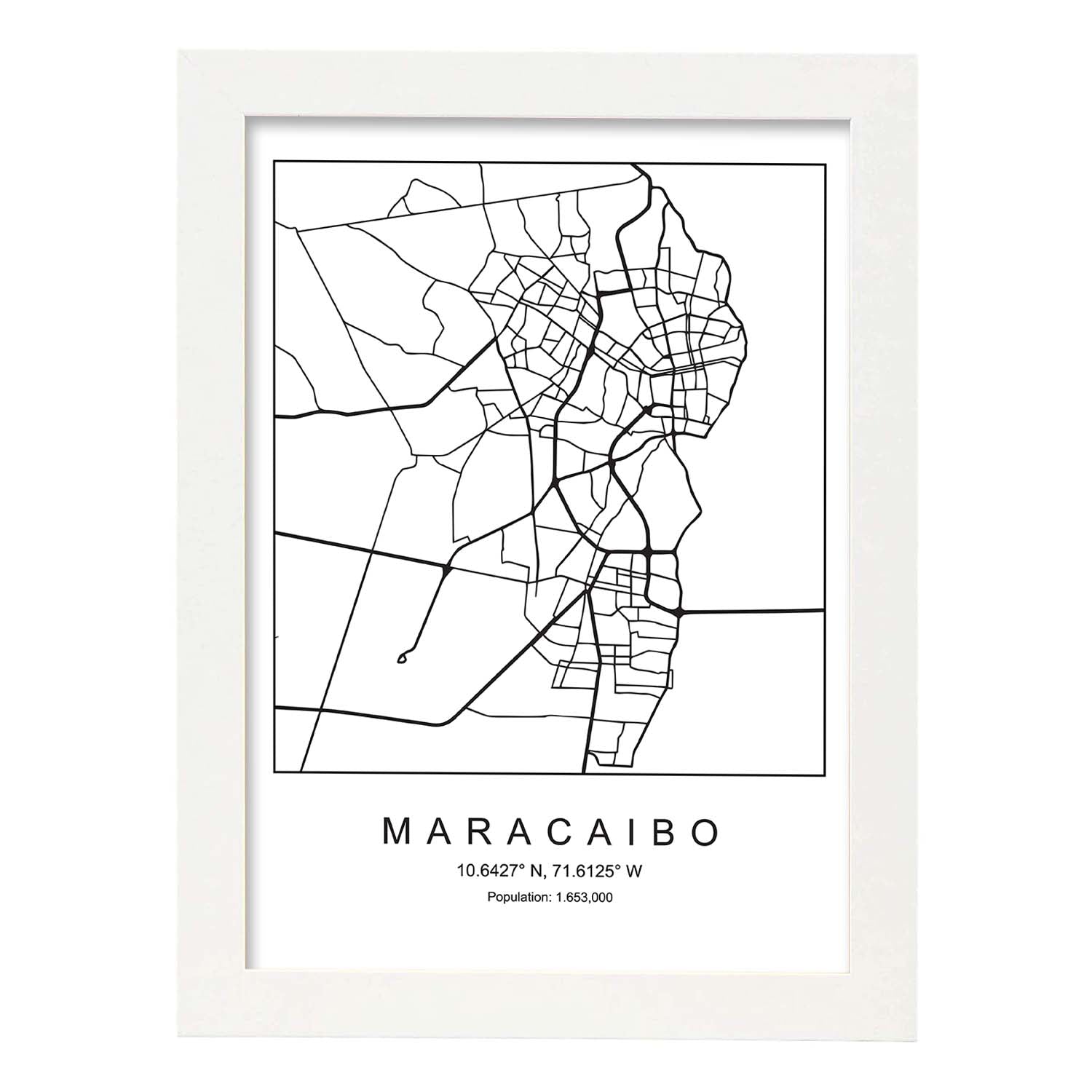 Lámina mapa de la ciudad Maracaibo estilo nordico en blanco y negro.-Artwork-Nacnic-A4-Marco Blanco-Nacnic Estudio SL