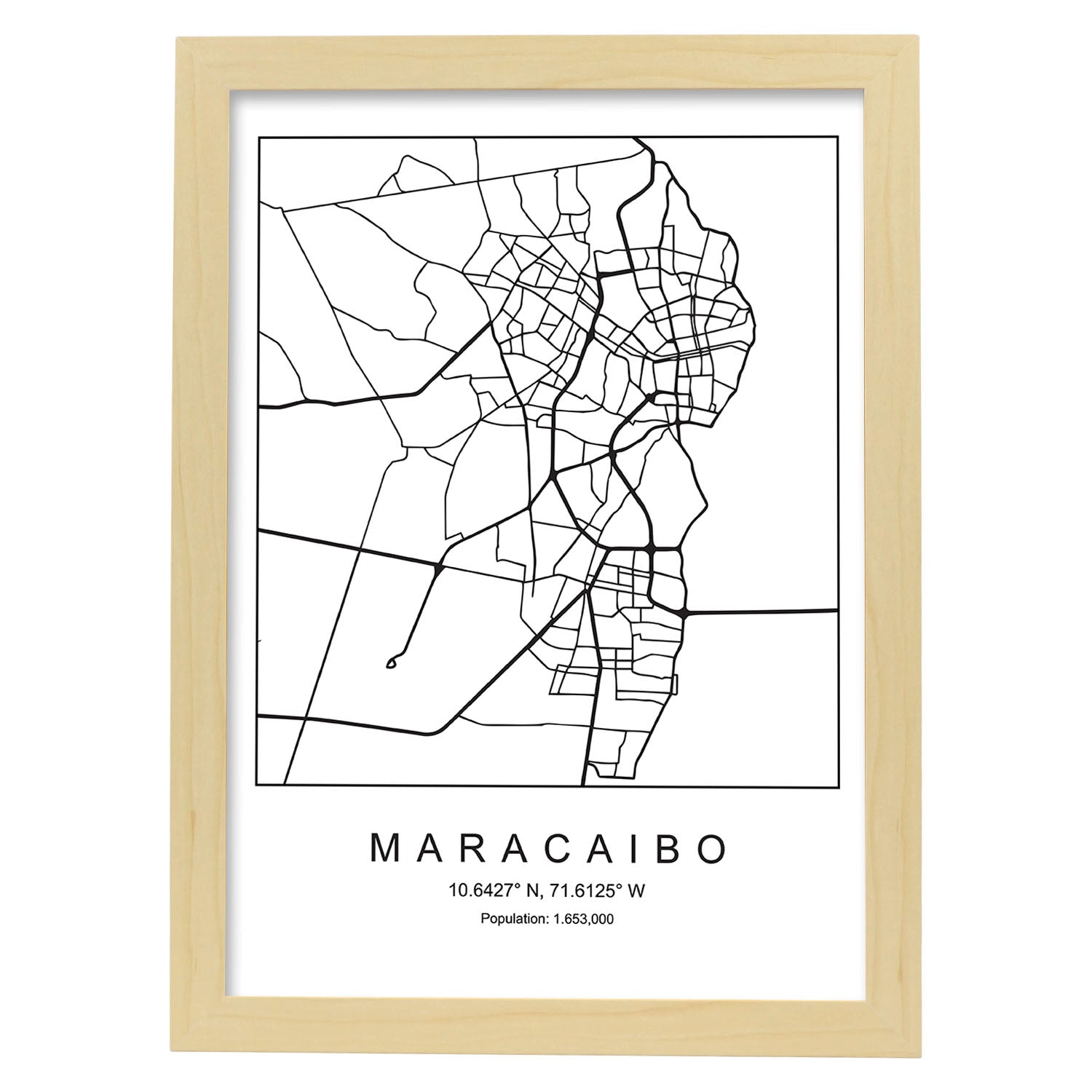 Lámina mapa de la ciudad Maracaibo estilo nordico en blanco y negro.-Artwork-Nacnic-A4-Marco Madera clara-Nacnic Estudio SL