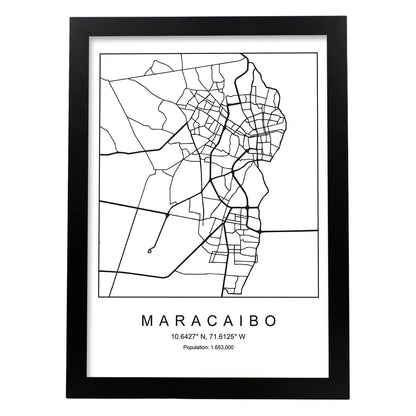 Lámina mapa de la ciudad Maracaibo estilo nordico en blanco y negro.-Artwork-Nacnic-A4-Marco Negro-Nacnic Estudio SL