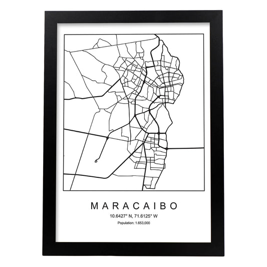 Lámina mapa de la ciudad Maracaibo estilo nordico en blanco y negro.-Artwork-Nacnic-A4-Marco Negro-Nacnic Estudio SL