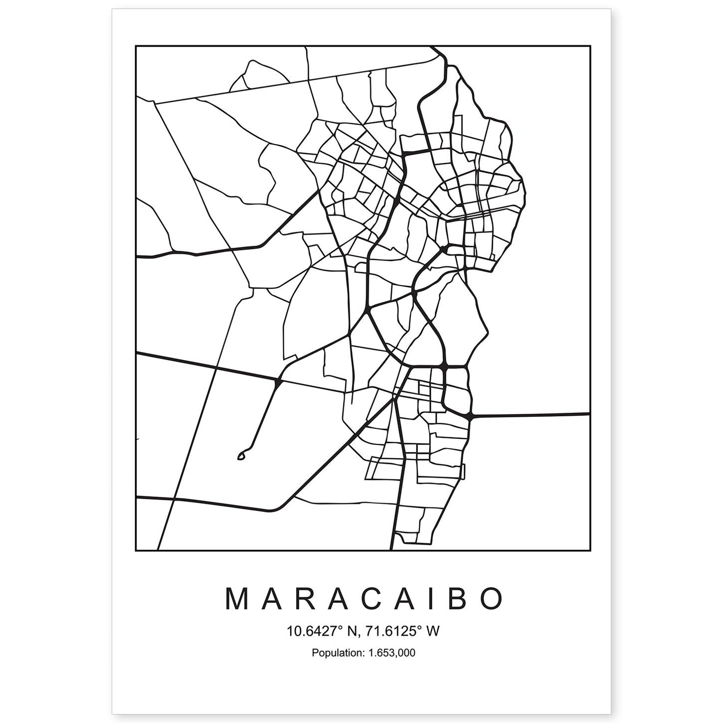Lámina mapa de la ciudad Maracaibo estilo nordico en blanco y negro.-Artwork-Nacnic-A4-Sin marco-Nacnic Estudio SL