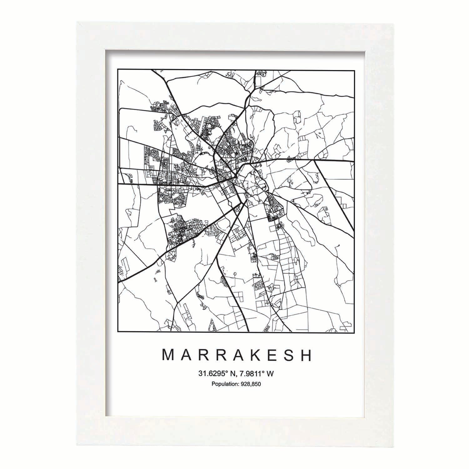 Lámina mapa de la ciudad Marrakesh estilo nordico en blanco y negro.-Artwork-Nacnic-A3-Marco Blanco-Nacnic Estudio SL