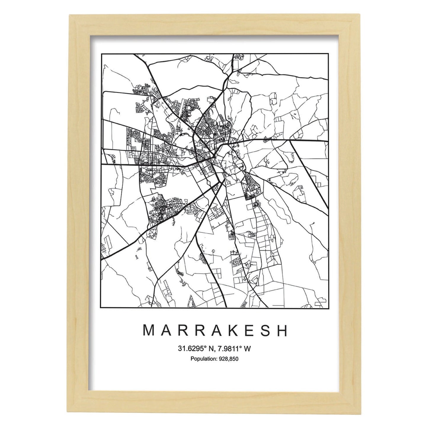 Lámina mapa de la ciudad Marrakesh estilo nordico en blanco y negro.-Artwork-Nacnic-A3-Marco Madera clara-Nacnic Estudio SL