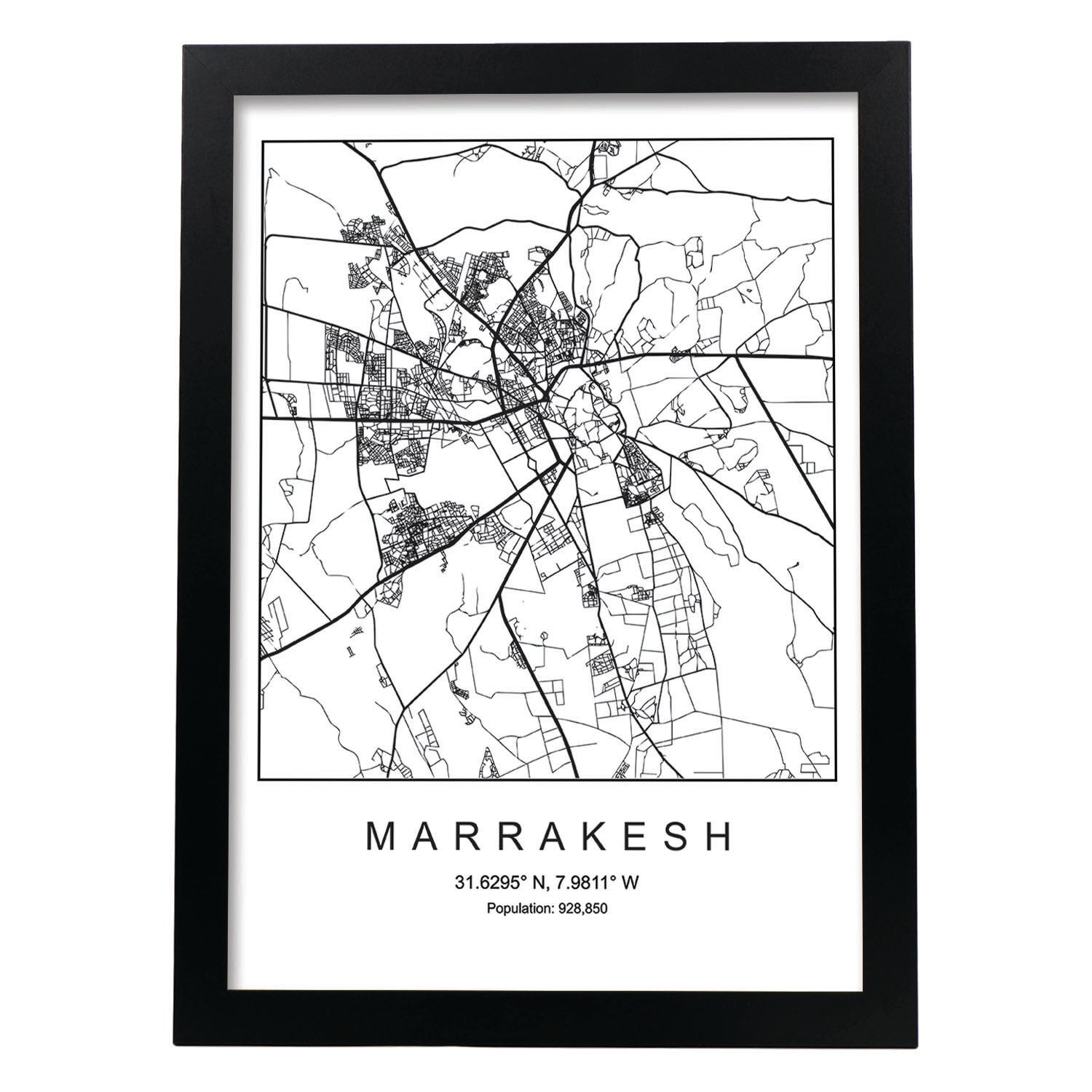 Lámina mapa de la ciudad Marrakesh estilo nordico en blanco y negro.-Artwork-Nacnic-A3-Marco Negro-Nacnic Estudio SL