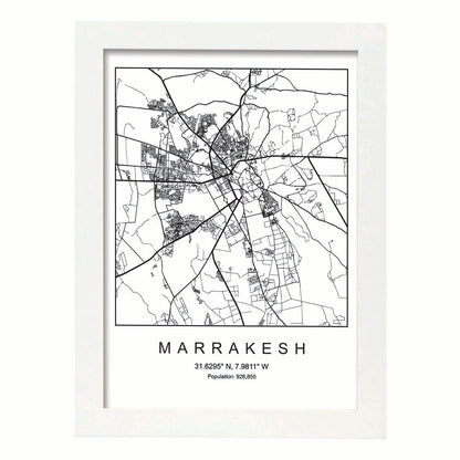 Lámina mapa de la ciudad Marrakesh estilo nordico en blanco y negro.-Artwork-Nacnic-A4-Marco Blanco-Nacnic Estudio SL