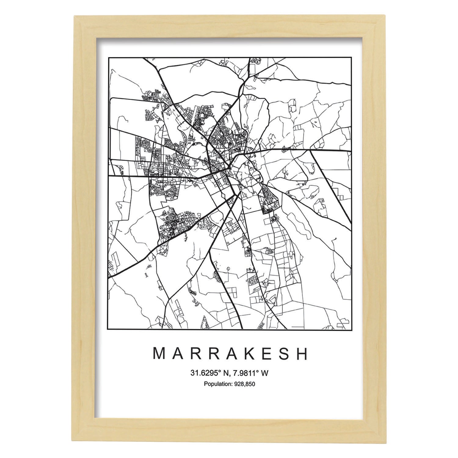 Lámina mapa de la ciudad Marrakesh estilo nordico en blanco y negro.-Artwork-Nacnic-A4-Marco Madera clara-Nacnic Estudio SL