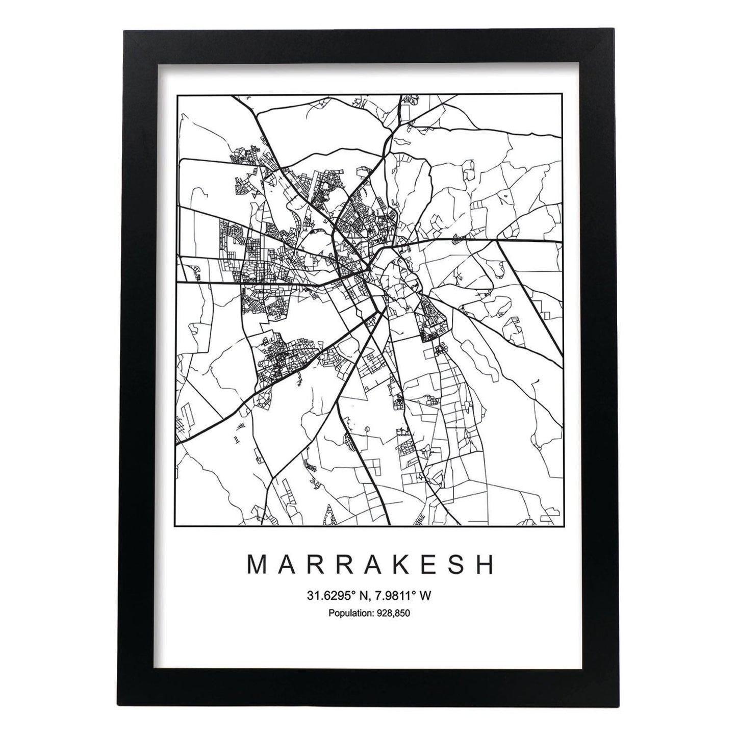 Lámina mapa de la ciudad Marrakesh estilo nordico en blanco y negro.-Artwork-Nacnic-A4-Marco Negro-Nacnic Estudio SL