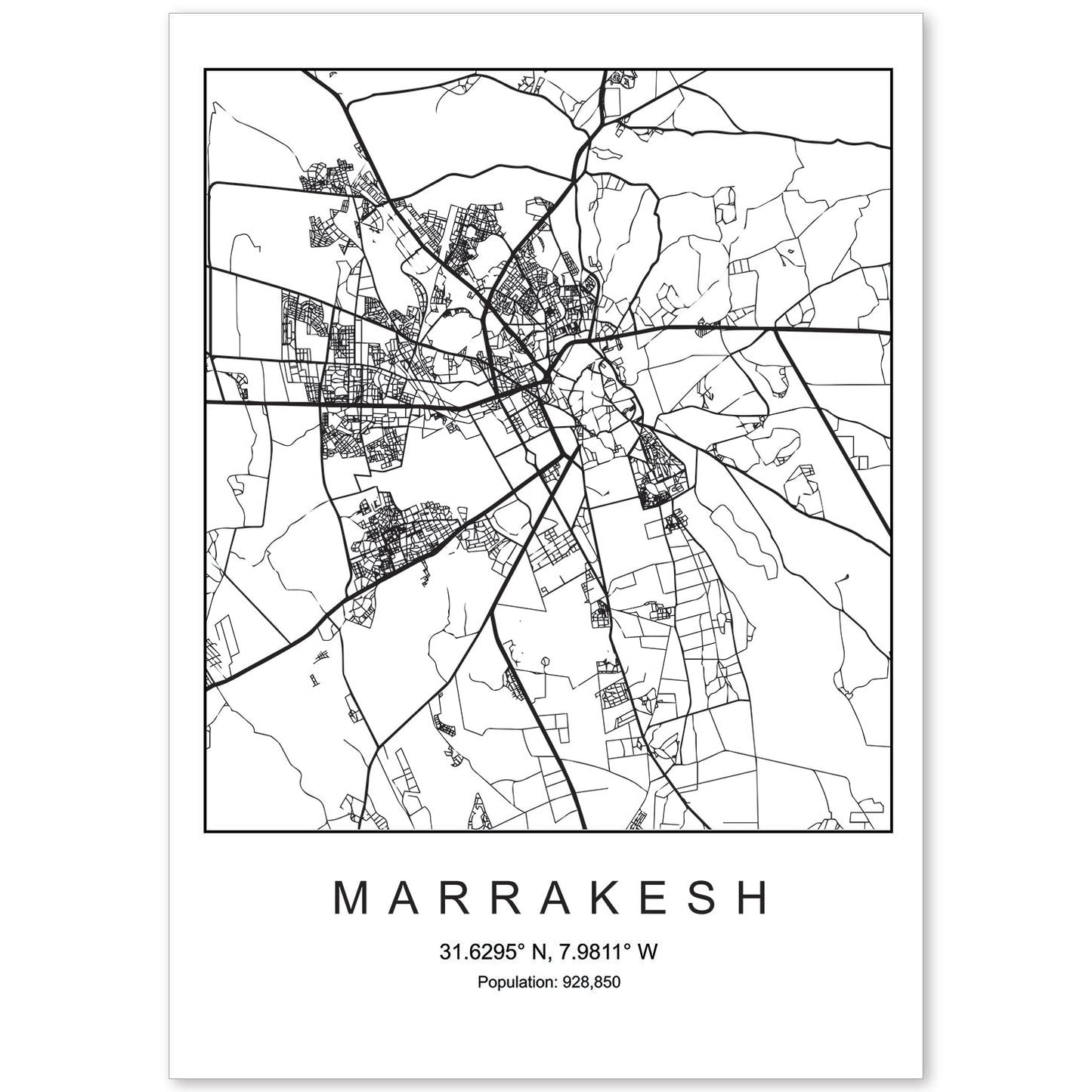 Lámina mapa de la ciudad Marrakesh estilo nordico en blanco y negro.-Artwork-Nacnic-A4-Sin marco-Nacnic Estudio SL