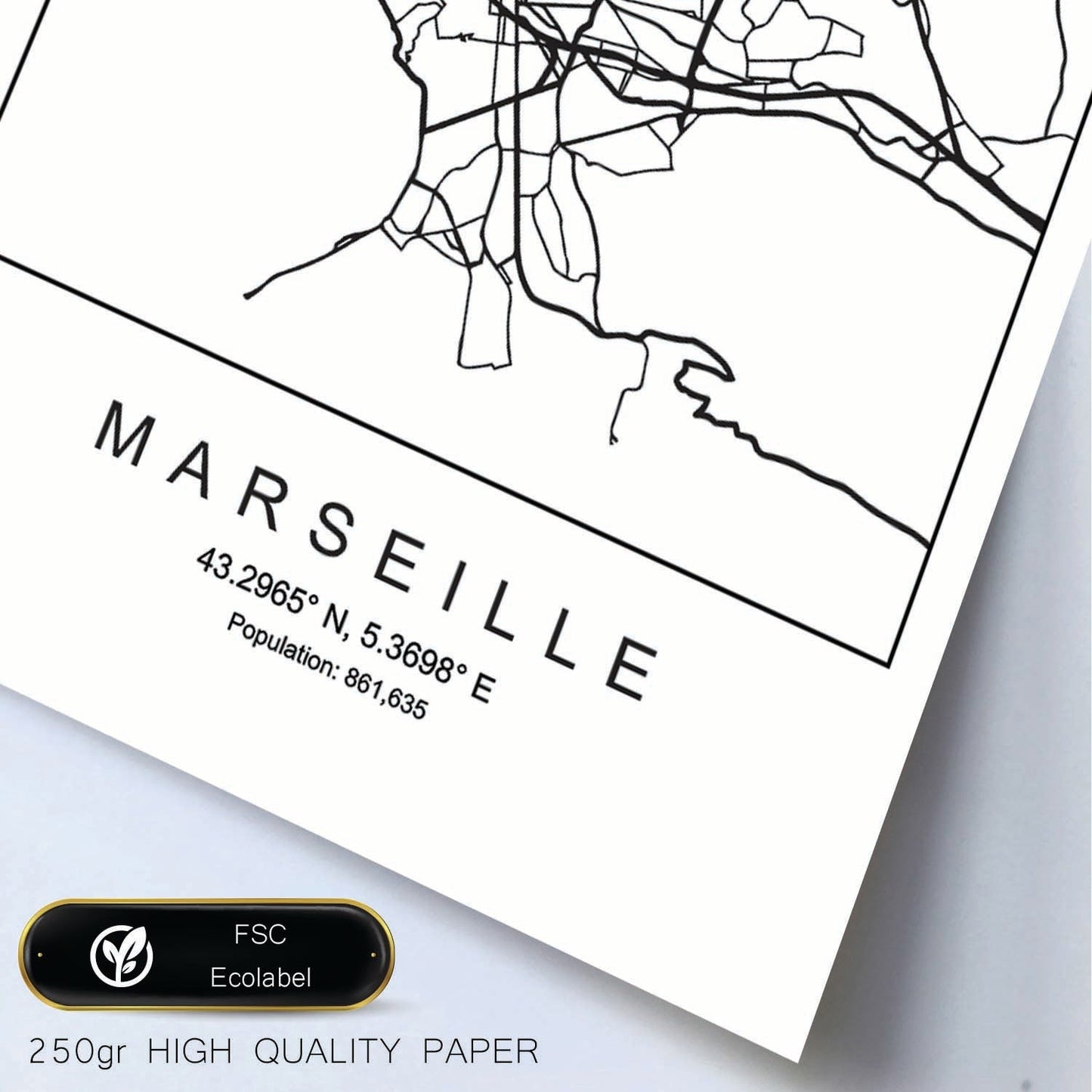 Lámina mapa de la ciudad Marseille estilo nordico en blanco y negro.-Artwork-Nacnic-Nacnic Estudio SL