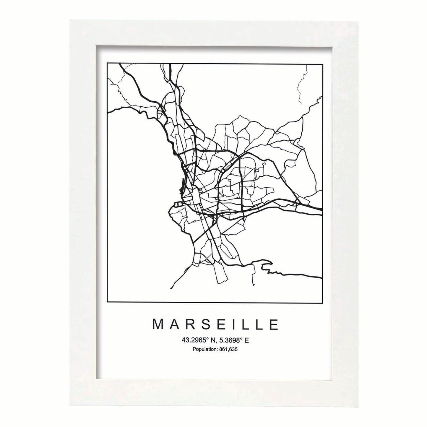 Lámina mapa de la ciudad Marseille estilo nordico en blanco y negro.-Artwork-Nacnic-A3-Marco Blanco-Nacnic Estudio SL