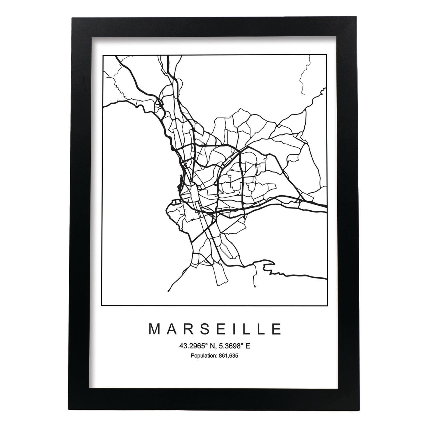 Lámina mapa de la ciudad Marseille estilo nordico en blanco y negro.-Artwork-Nacnic-A3-Marco Negro-Nacnic Estudio SL