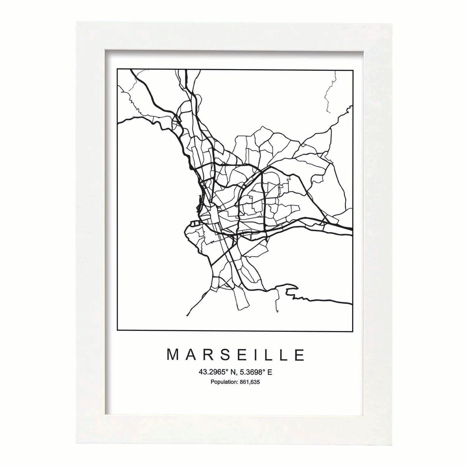 Lámina mapa de la ciudad Marseille estilo nordico en blanco y negro.-Artwork-Nacnic-A4-Marco Blanco-Nacnic Estudio SL