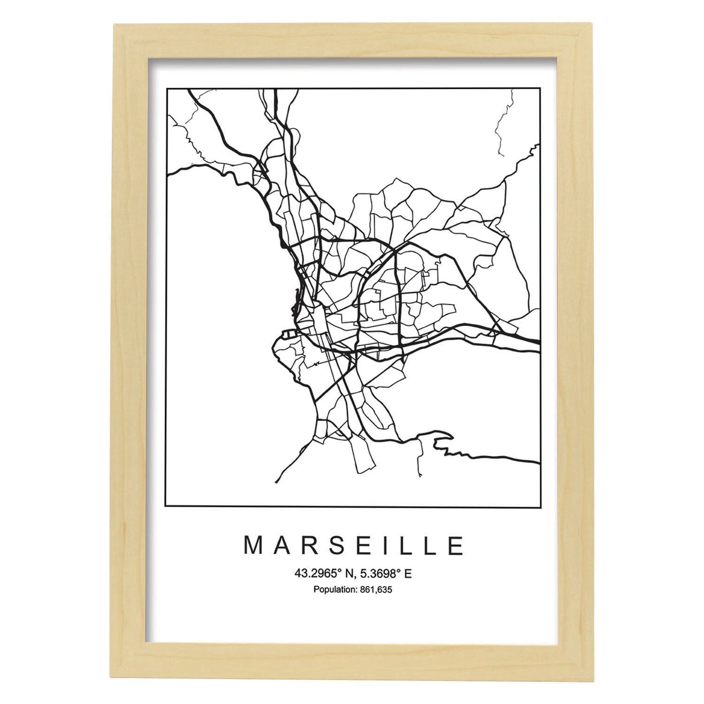 Lámina mapa de la ciudad Marseille estilo nordico en blanco y negro.-Artwork-Nacnic-A4-Marco Madera clara-Nacnic Estudio SL