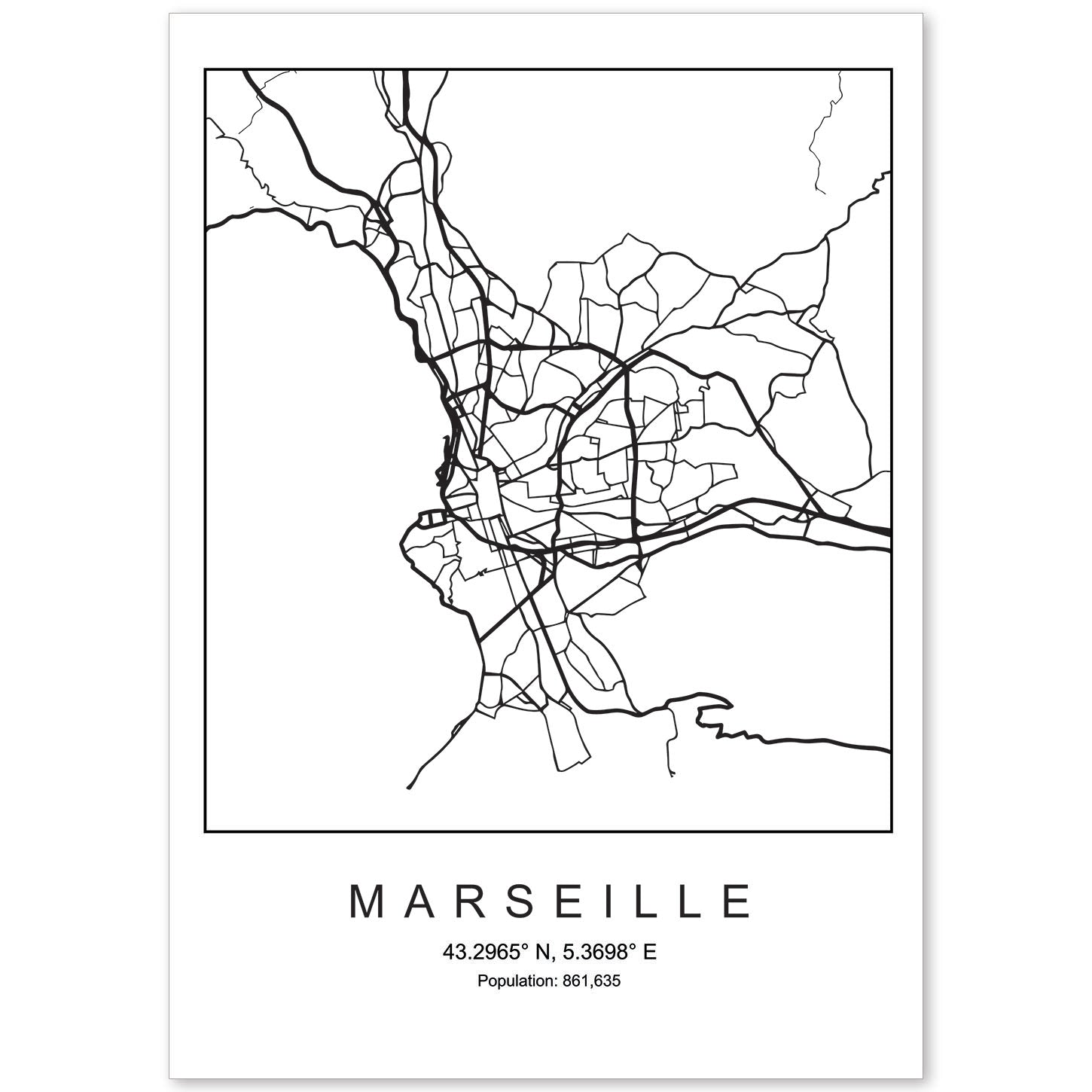 Lámina mapa de la ciudad Marseille estilo nordico en blanco y negro.-Artwork-Nacnic-A4-Sin marco-Nacnic Estudio SL