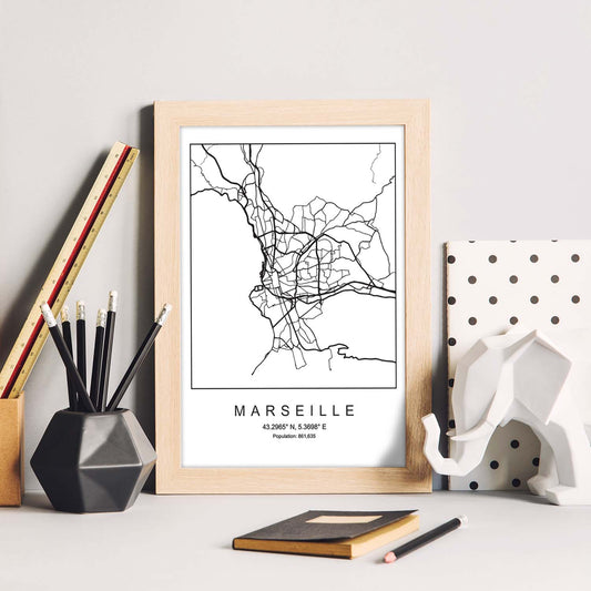 Lámina mapa de la ciudad Marseille estilo nordico en blanco y negro.-Artwork-Nacnic-Nacnic Estudio SL