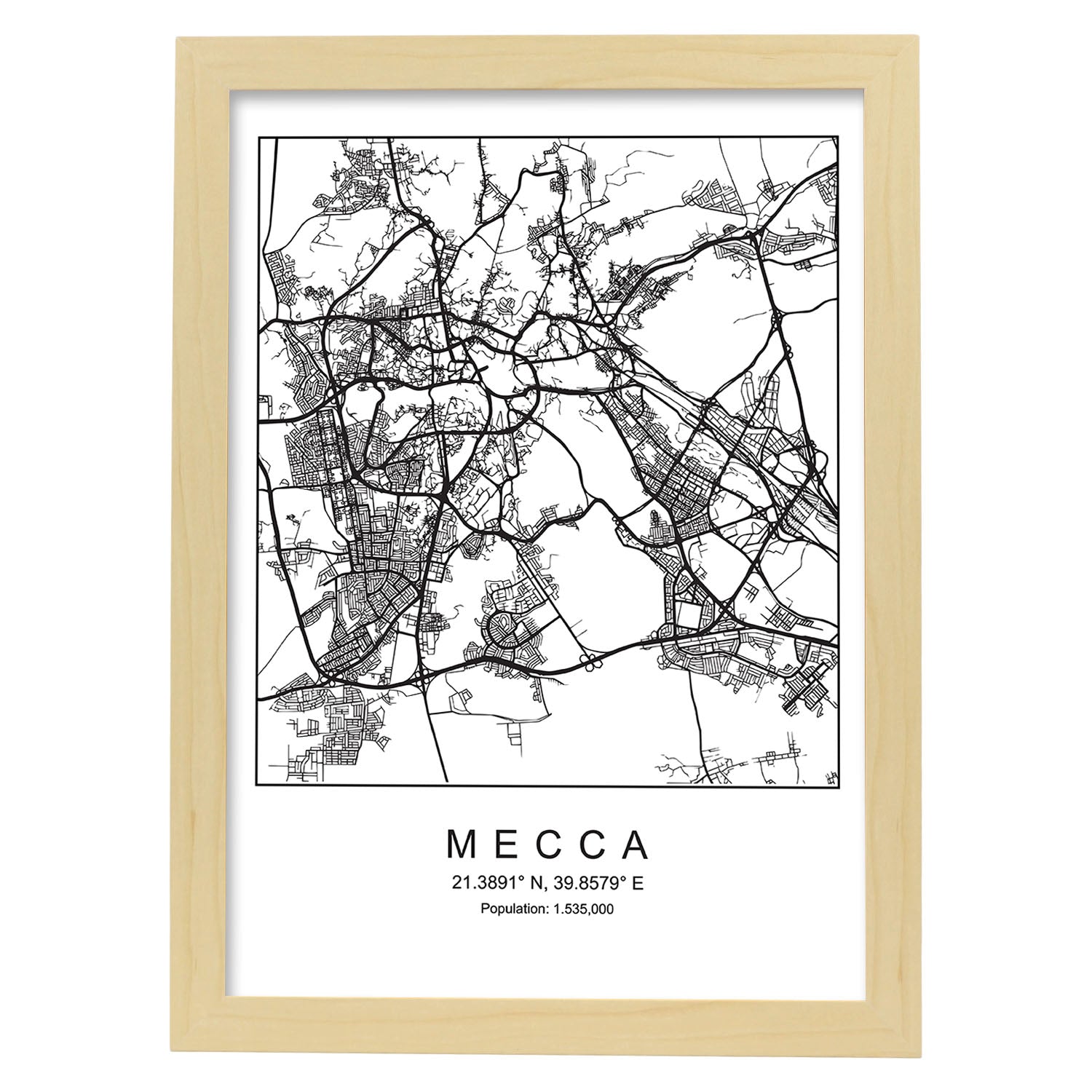 Lámina mapa de la ciudad Mecca estilo nordico en blanco y negro.-Artwork-Nacnic-A3-Marco Madera clara-Nacnic Estudio SL