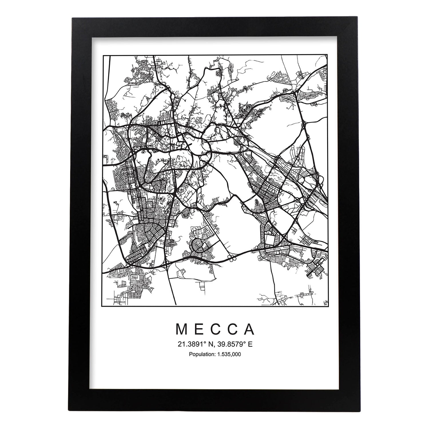 Lámina mapa de la ciudad Mecca estilo nordico en blanco y negro.-Artwork-Nacnic-A3-Marco Negro-Nacnic Estudio SL