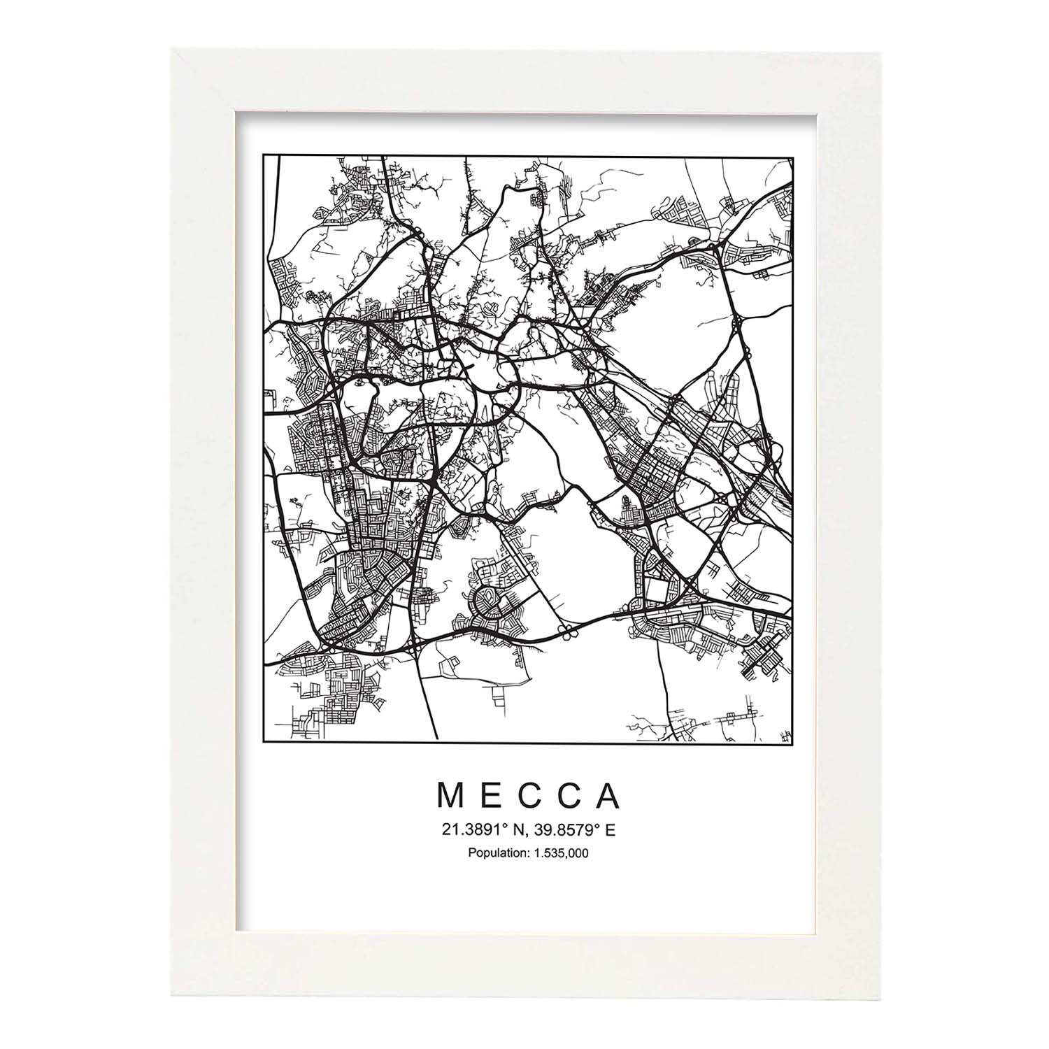 Lámina mapa de la ciudad Mecca estilo nordico en blanco y negro.-Artwork-Nacnic-A4-Marco Blanco-Nacnic Estudio SL