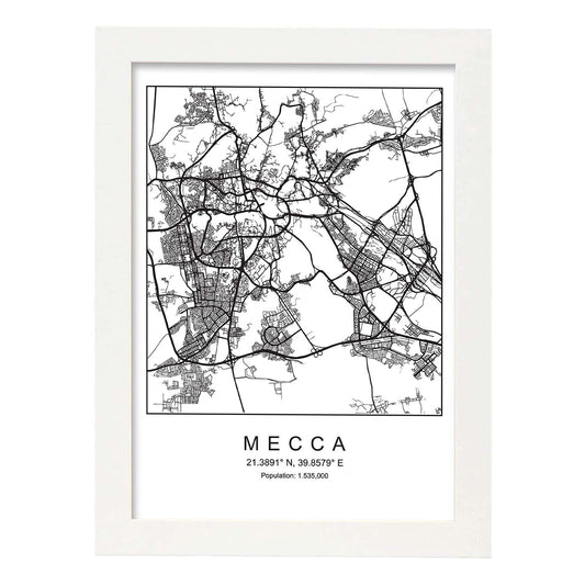 Lámina mapa de la ciudad Mecca estilo nordico en blanco y negro.-Artwork-Nacnic-A4-Marco Blanco-Nacnic Estudio SL