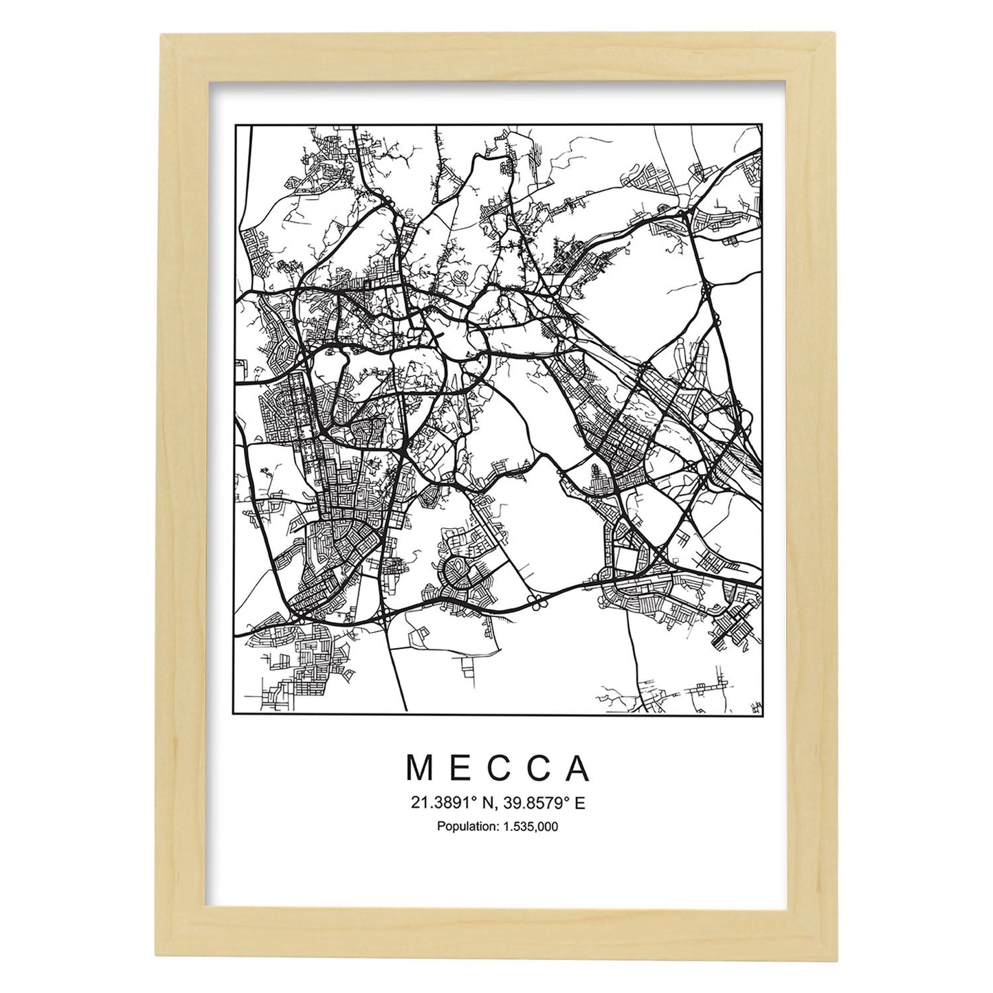 Lámina mapa de la ciudad Mecca estilo nordico en blanco y negro.-Artwork-Nacnic-A4-Marco Madera clara-Nacnic Estudio SL