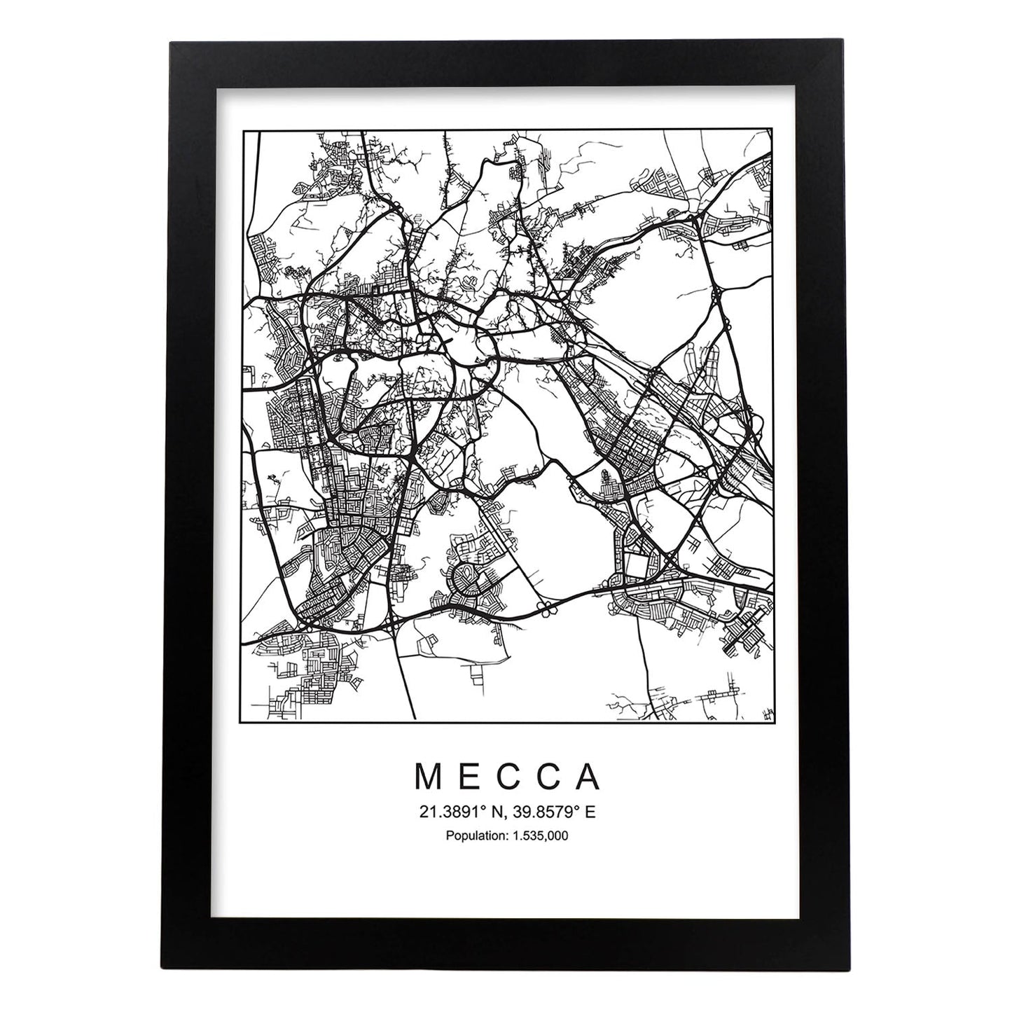 Lámina mapa de la ciudad Mecca estilo nordico en blanco y negro.-Artwork-Nacnic-A4-Marco Negro-Nacnic Estudio SL